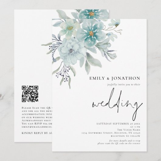 Elegant Blauwgroen Zee Mist Florals QR Code Wedden Kaart (Voorkant / Achterkant)