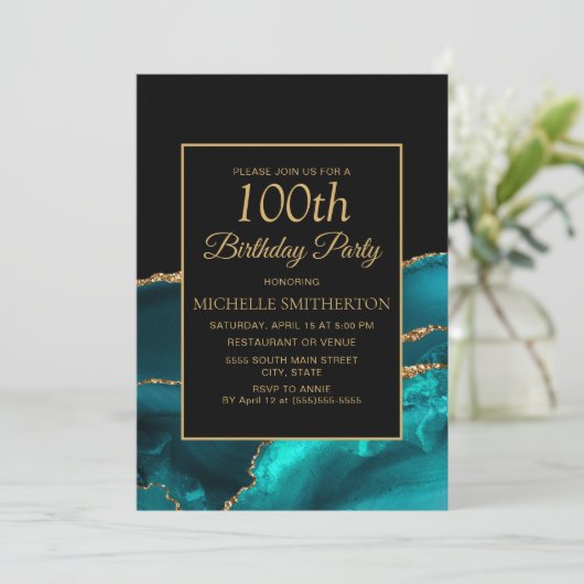 Elegant Blauwgroen zwart marmer Gold 100e verjaard Kaart (Staand voorkant)