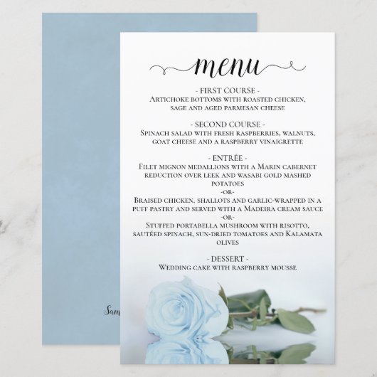 Elegant Bleek Dusty Blue Roos Budget Wedding Menu (Voorkant / Achterkant)