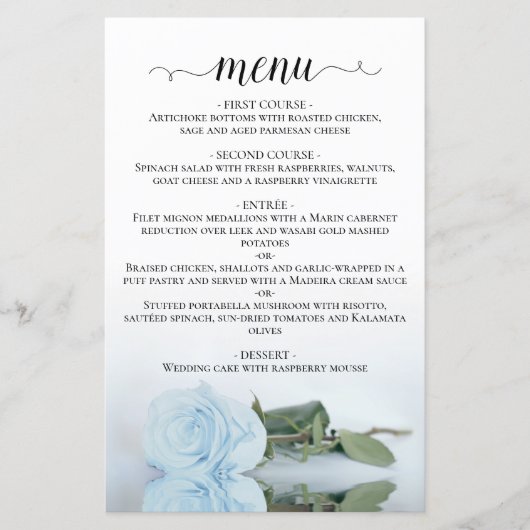 Elegant Bleek Dusty Blue Roos Budget Wedding Menu (Voorkant)