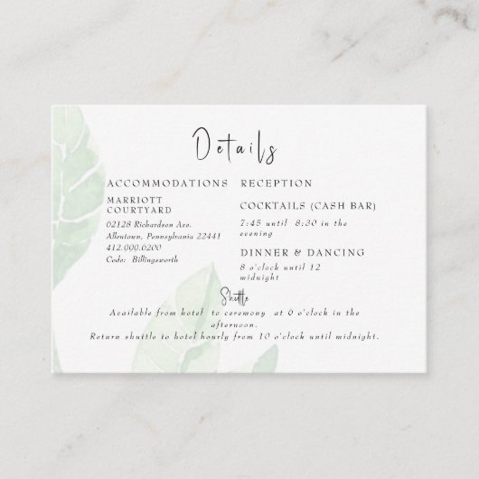 Elegant Bleek Foliage Cash Bar & Shuttle Cream Enc Informatiekaartje (Voorkant)