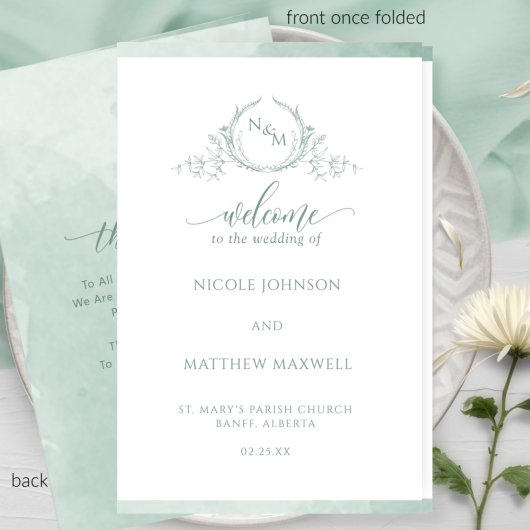 Elegant Bleek Green Folded Wedding Ceremony Progra