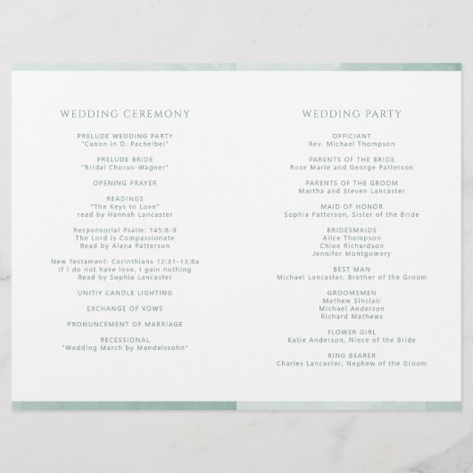 Elegant Bleek Green Folded Wedding Ceremony Progra (Achterkant)