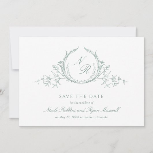 Elegant Bleek Green Waterverf Monogram Calligrafie Save The Date (Voorkant)