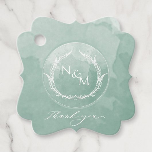 Elegant Bleek Green Waterverf Monogram Wedding Bedankjes Labels (Voorkant)