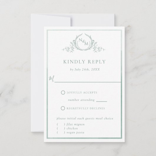 Elegant Bleek groen monogram en Waterverf RSVP (Voorkant)
