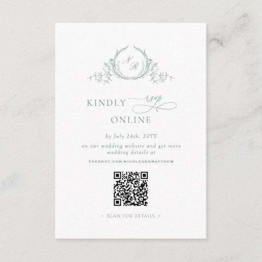 Elegant Bleek groen monogram RSVP Online QR-code Informatiekaartje (Voorkant)