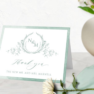 Elegant Bleek groen monogram, Waterverf bruiloft Bedankkaart