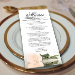 Elegant Bleek Peach Roos Reflections Wedding Menu<br><div class="desc">Dit prachtige menu zal wat stijl aan uw trouwreceptie toevoegen. Het is een prachtig en romantisch ontwerp met één bleek perzik of licht oranje gekleurd roos dat aan de zijkant staat en dat in een pool van water met golven en rimpels reflecteert. Er is ruimte voor de namen van het...</div>