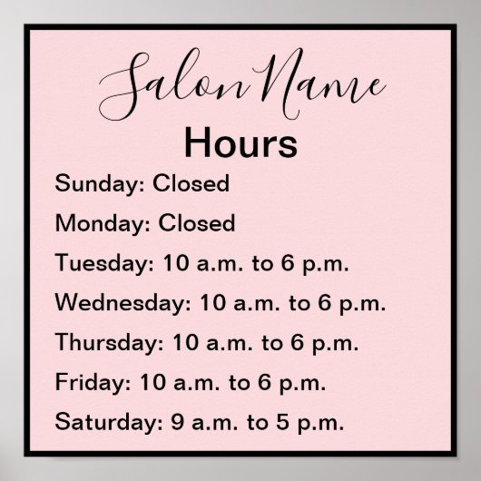 Elegant Bleek Roze met Black Script Salon Hours Poster (Voorkant)