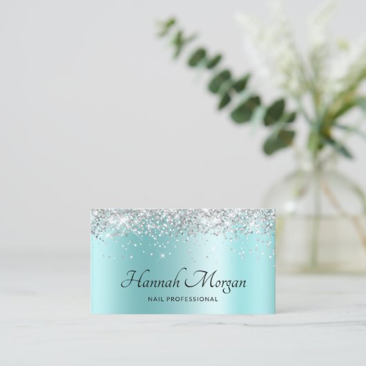 Elegant Bleek Turquoise Ombre Silver Glitter Visitekaartje (Staand voorkant)