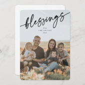 Elegant 'Blessings' Black Typographic Script Feestdagenkaart (Voorkant / Achterkant)