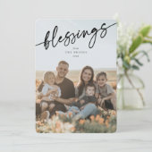 Elegant 'Blessings' Black Typographic Script Feestdagenkaart (Staand voorkant)