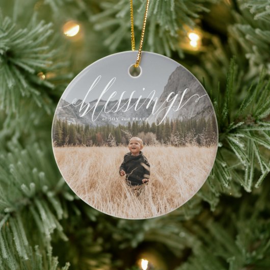 Elegant Blessings Script Holiday Ceramic Ornament (Boom)