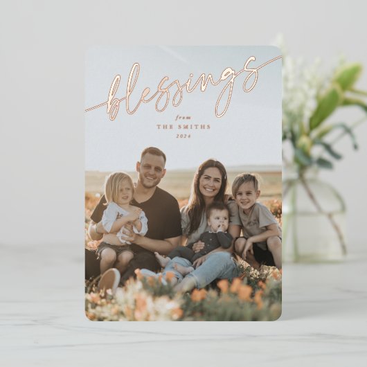 Elegant 'Blessings' Typografisch Manuscript Folie Feestdagenkaart (Staand Voorkant)