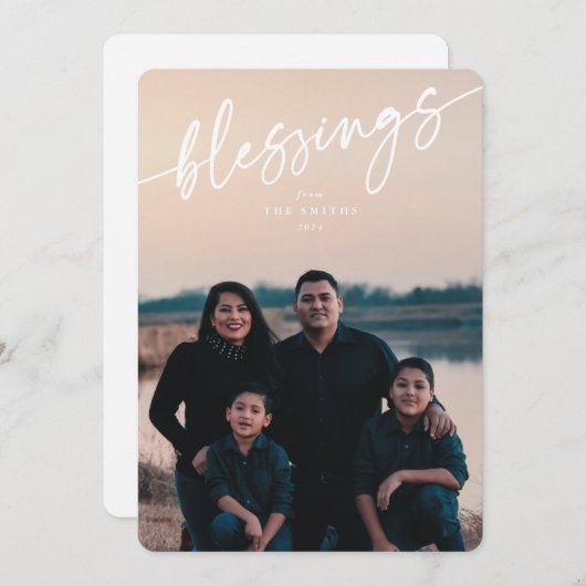 Elegant 'Blessings' White Typographic Script Feestdagenkaart (Voorkant / Achterkant)
