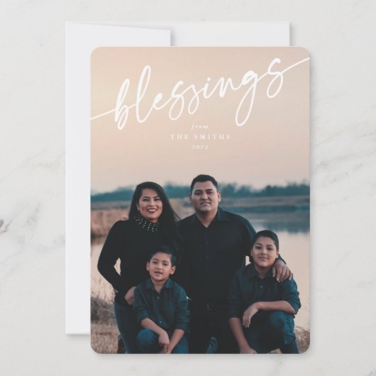 Elegant 'Blessings' White Typographic Script Feestdagenkaart (Voorkant)