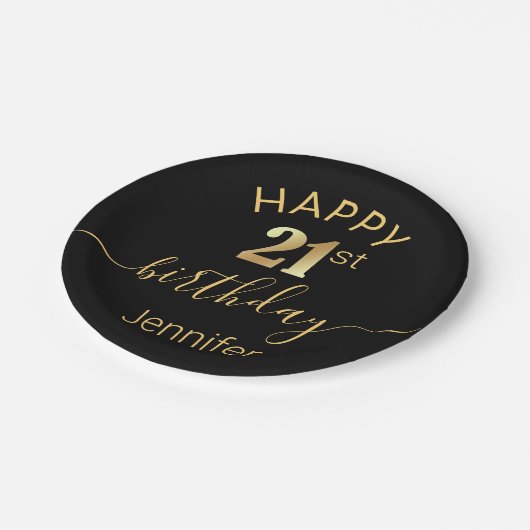 elegant blije verjaardag 21e gouden zwarte minimal papieren bordje (Gekanteld)