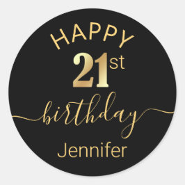 elegant blije verjaardag 21e gouden zwarte minimal ronde sticker