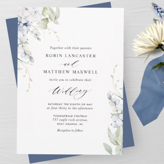 Elegant Bliss, Navy Blue White Floral Wedding Kaart
