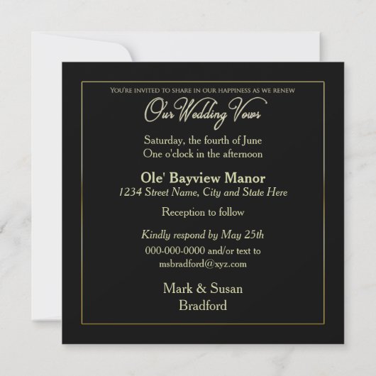 Elegant Blk/Gold Renewing/Wedding Vows Uitnodiging (Achterkant)