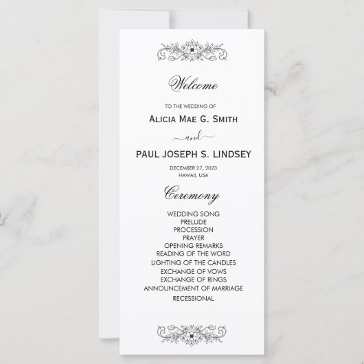 Elegant bloeien zwart-wit huwelijksprogramma (Voorkant)