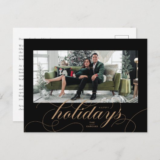 Elegant bloeiend script zwart vakantie fotokaart feestdagenkaart (Voorkant / Achterkant)