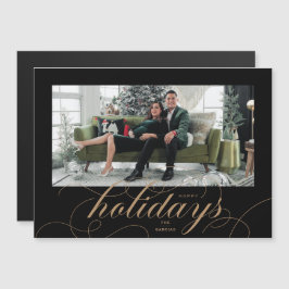Elegant bloeiend script zwart vakantie fotokaart magnetische uitnodiging