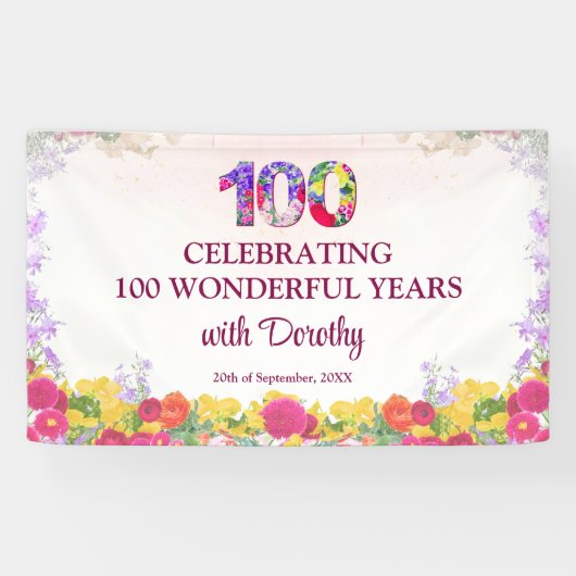 Elegant Bloem 100ste Verjaardagsfeestje / 100 Jaar Spandoek (Horizontaal)