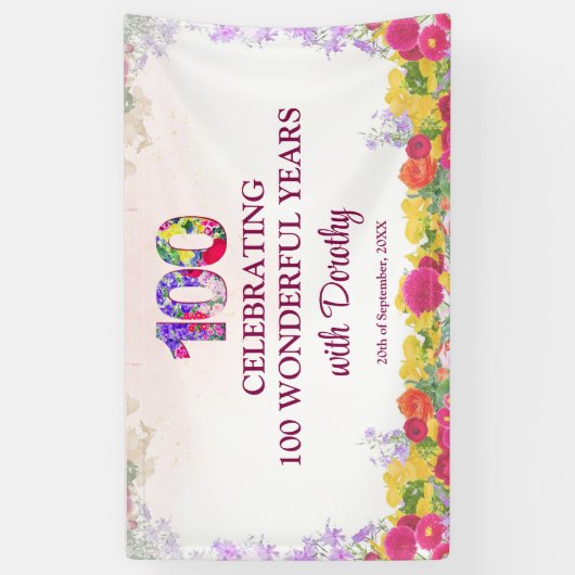 Elegant Bloem 100ste Verjaardagsfeestje / 100 Jaar Spandoek (Verticaal)