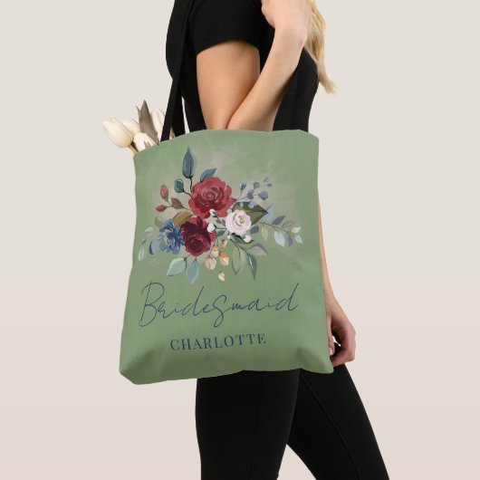 Elegant Bloem Burgundy Script Trouw Bruidsmeisje Tote Bag (Dichtbij)