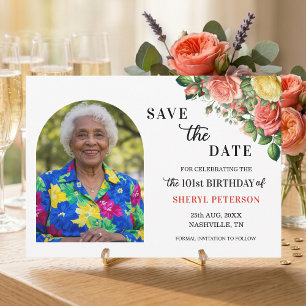 Elegant bloem- en fototheme voor 101ste verfeestda save the date