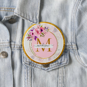 Elegant Bloem Gouden Monogram Naam & Initiaal Ronde Button 4,0 Cm