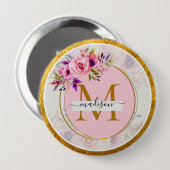 Elegant Bloem Gouden Monogram | Naam & Initiaal Ronde Button 4,0 Cm (Voorkant /achterkant)