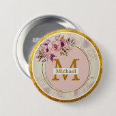 Elegant Bloem Gouden Monogram | Naam & Initiaal Ronde Button 7,6 Cm (Voorkant /achterkant)