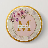 Elegant Bloem Gouden Monogram | Naam & Initiaal Ronde Button 7,6 Cm (Voorkant)
