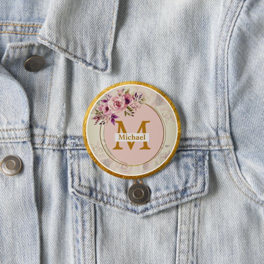 Elegant Bloem Gouden Monogram | Naam & Initiaal Ronde Button 7,6 Cm (In situ)