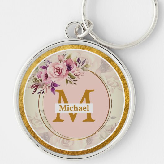Elegant Bloem Gouden Monogram | Naam & Initiaal Sleutelhanger (Voorkant)