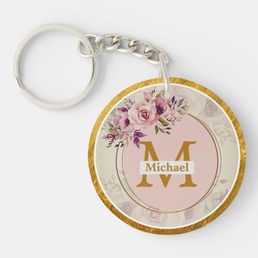 Elegant Bloem Gouden Monogram | Naam & Initiaal Sleutelhanger (Voorkant)