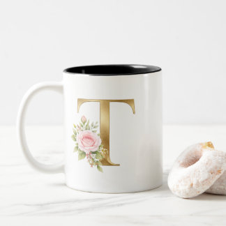 Elegant Bloem Letter T Monogram Logo Tweekleurige Koffiemok