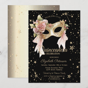 Elegant Bloem Masker Sterren Zwart Goud Quinceañer Kaart