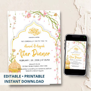 Elegant Bloem Roze en Gouden Iftar-diner Ramadan Kaart