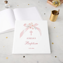 Elegant Bloem Roze Strik Doop Gastboek Gastenboek