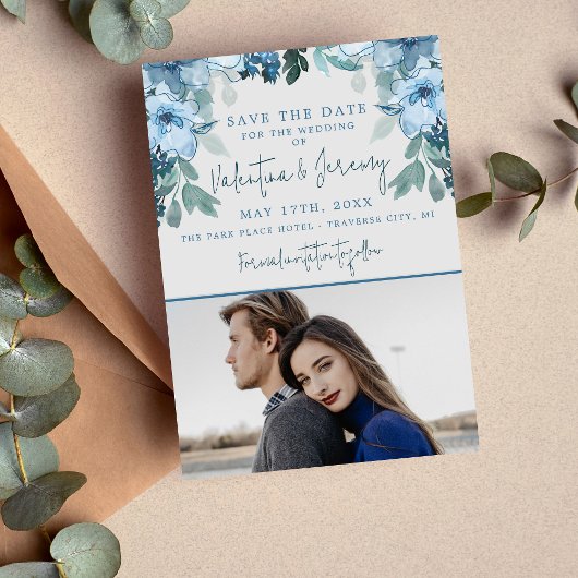 Elegant Bloem Stof Blauw Groen Huwelijk Save The Date