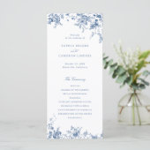 Elegant Bloem Vintage Sieraad Navyblauw Bruiloft Programmakaart (Staand voorkant)