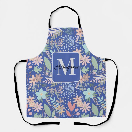 Elegant bloemblad Blauw thema Monogram Schort (Voorkant)