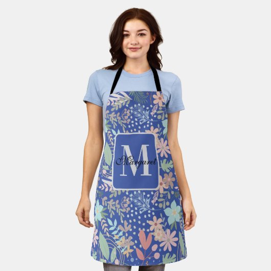 Elegant bloemblad Blauw thema Monogram Schort (Gedragen)