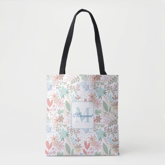Elegant bloemblad Blauw thema Monogram Tote Bag (Voorkant)