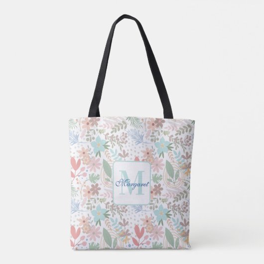 Elegant bloemblad Blauw thema Monogram Tote Bag (Achterkant)
