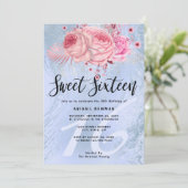 Elegant bloemblauw glitter marmer zoete zestien kaart (Staand voorkant)